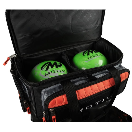 bowling tackle box Motiv Vault 6 Ball Roller Black Orange Bowling Bag